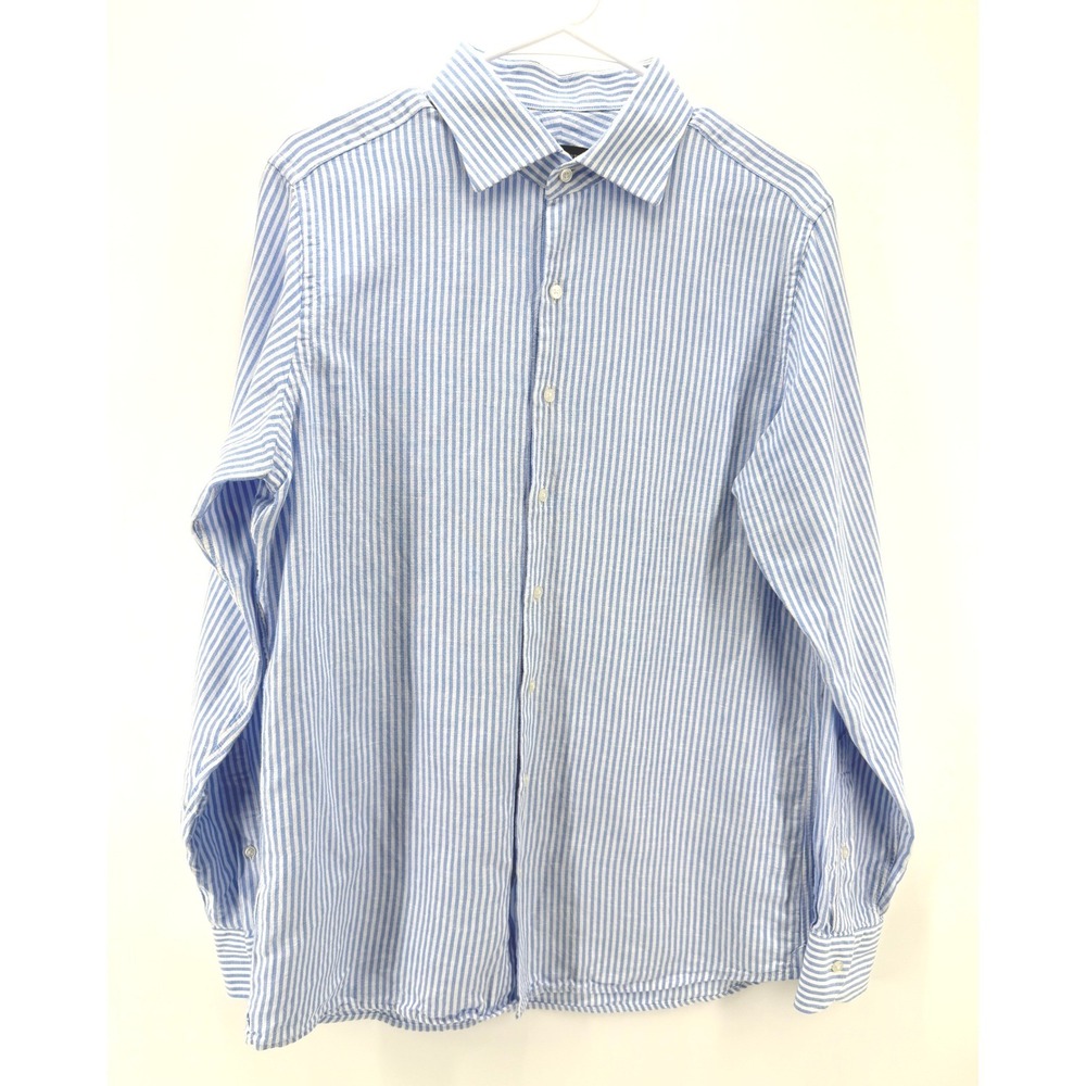Proper Cloth Oxford Linen Cotton Dress Shirt Preppy Men 16.5 Blue Striped OCBD